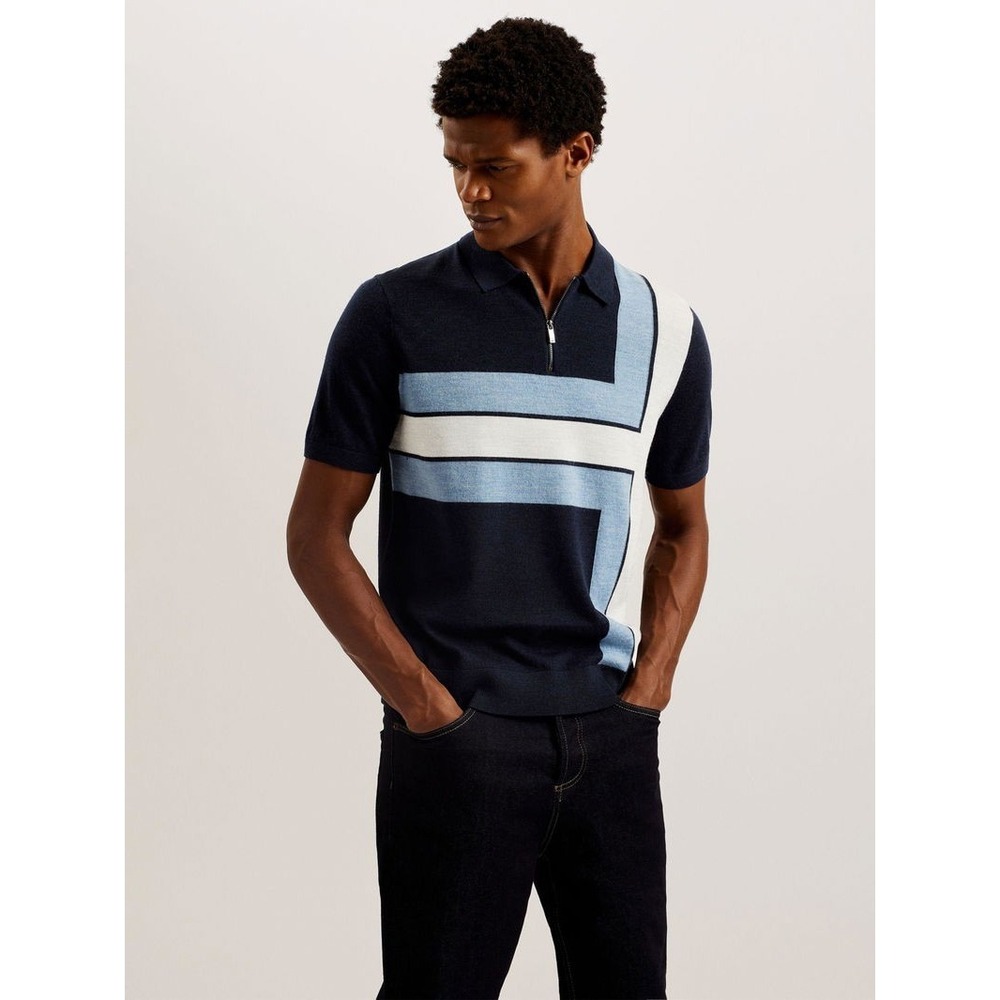 Ted Baker Mens Sweater Merino Wool Button Short Sleeve Color Block Blue 3 Medium